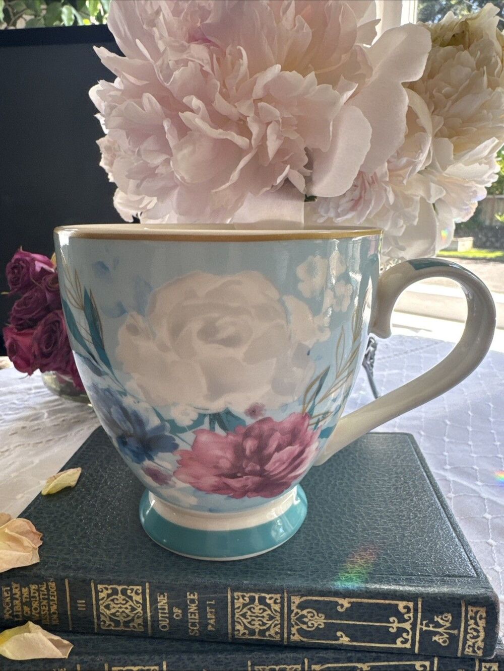 The English Mug Co Navy Mug With Flowers England Fine China 12.0 oz Footed